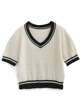 配色ラインVネックニットトップス