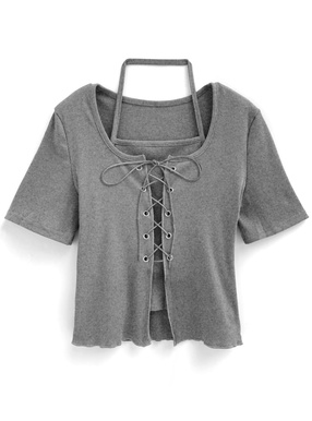 レースアップレイヤード風トップス