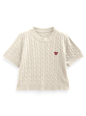 ハート刺繍ケーブルニットトップス