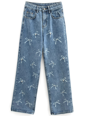 パールリボンストレートデニムパンツ