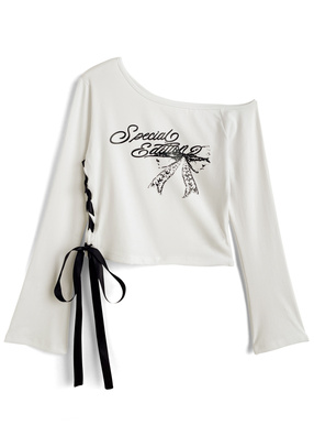 レースアップリボンロゴワンショルトップス