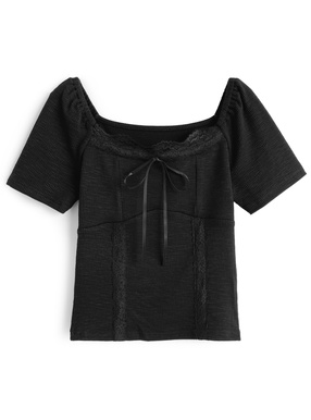 リボンレースリブトップス