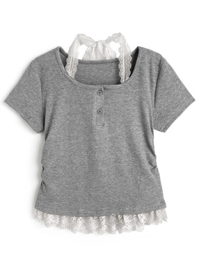 レースホルターネックレイヤード風リブトップス