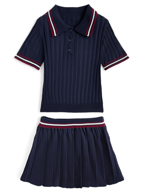 ポロトップス×プリーツミニスカートラインニットセットアップ