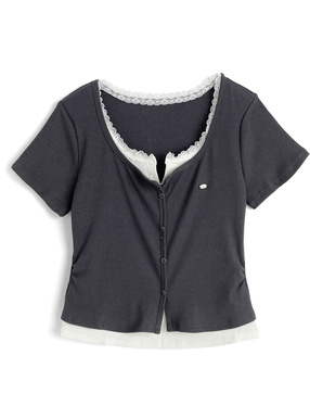 ロゴプレートレースレイヤード風リブトップス