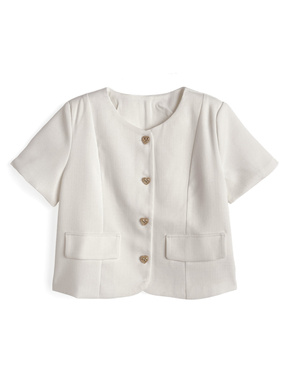 キルティングハートボタンノーカラー半袖ジャケット