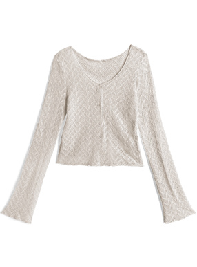 透かし編みVネックショート丈カーディガン