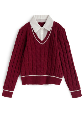 シャツレイヤード風ケーブル編みニットトップス