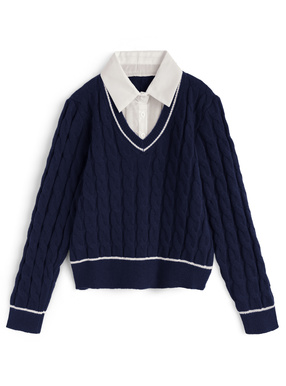 シャツレイヤード風ケーブル編みニットトップス