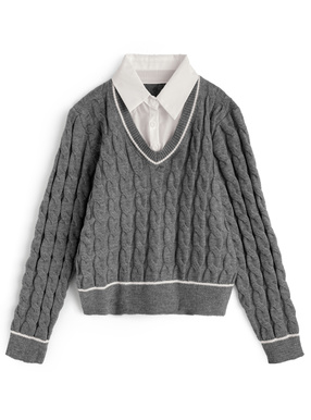 シャツレイヤード風ケーブル編みニットトップス