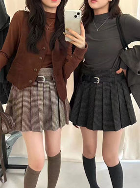 ベルト&インパン裏地付き千鳥柄プリーツミニスカート