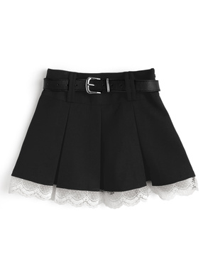 インパン裏地・ベルト付きレースプリーツミニスカート