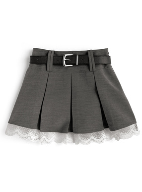 インパン裏地・ベルト付きレースプリーツミニスカート