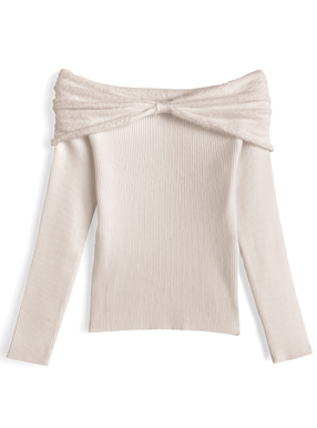 シャギーリボンカラーオフショルダーニットトップス