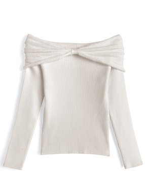 シャギーリボンカラーオフショルダーニットトップス