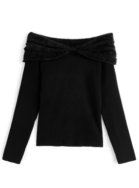 シャギーリボンカラーオフショルダーニットトップス