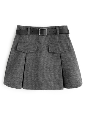 ベルト&インパン裏地付きダブルポケットプリーツミニスカート