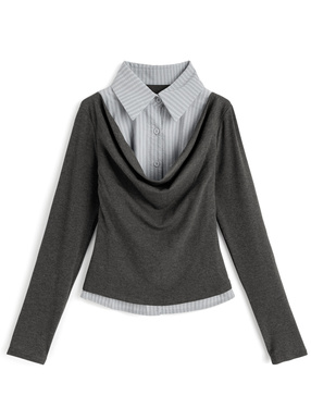 ストライプ柄シャツレイヤード風ドレープトップス