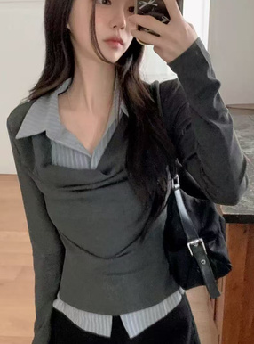 ストライプ柄シャツレイヤード風ドレープトップス