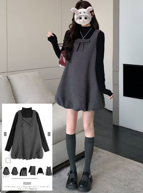 ハイネックニットトップス×リボンバルーンミニワンピースセットアップ