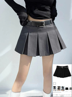 インパン裏地・ベルト付きプリーツミニスカート