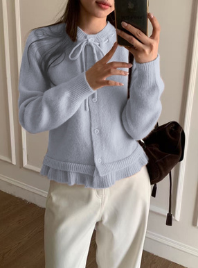 ステッチリボンフリルニットカーディガン