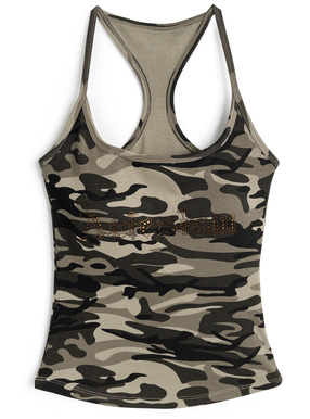 カップ付きカモフラージュ柄ラインストーンロゴタンクトップ