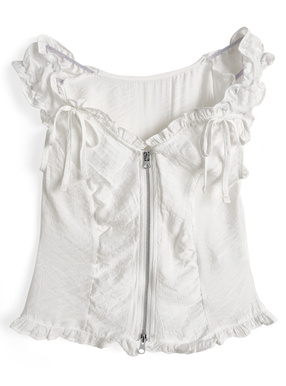 オフショルダーフリルリボンダブルジップトップス