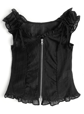 オフショルダーフリルリボンダブルジップトップス