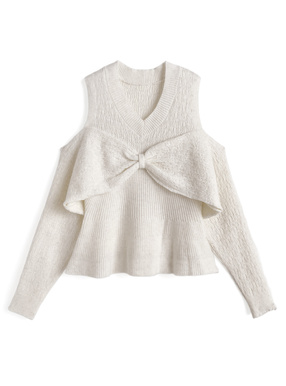 オープンショルダーリボンペプラムラメニットトップス