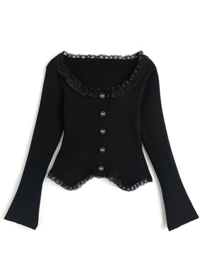 リボンボタンレースフリルリブニットトップス