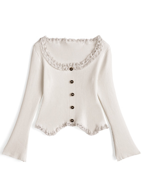 リボンボタンレースフリルリブニットトップス