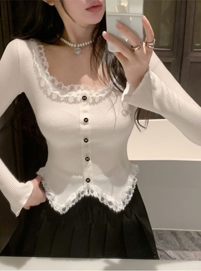 リボンボタンレースフリルリブニットトップス