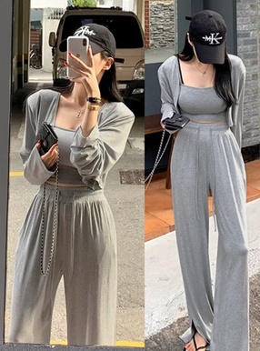 カップ付きキャミソール×ショート丈カーディガン×パンツセットアップ