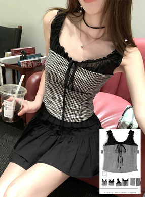 ギンガムチェック柄シアー切替トップス