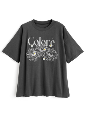 フラワー刺繍ロゴプリントTシャツ