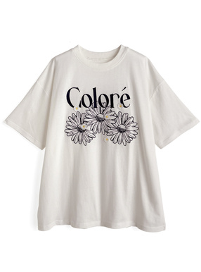 フラワー刺繍ロゴプリントTシャツ