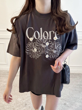 フラワー刺繍ロゴプリントTシャツ