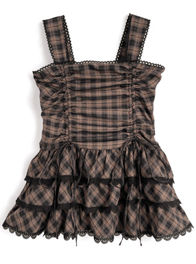 チェック柄ドロストティアードフリルミニワンピース
