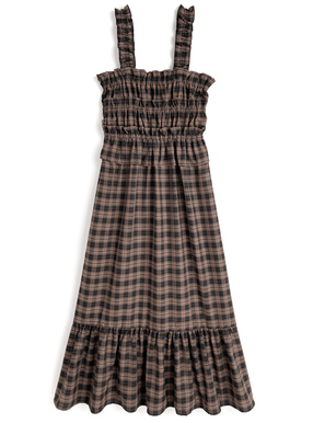 チェック柄ギャザーフリルロングワンピース
