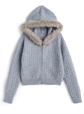 フードファーダブルジップケーブル編みニットパーカー