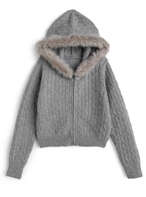 フードファーダブルジップケーブル編みニットパーカー