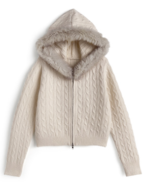 フードファーダブルジップケーブル編みニットパーカー