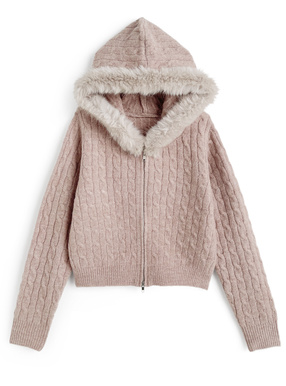 フードファーダブルジップケーブル編みニットパーカー