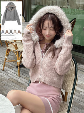 フードファーダブルジップケーブル編みニットパーカー