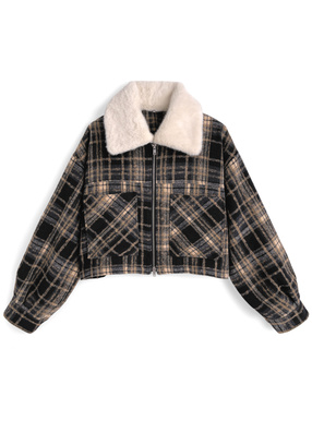 ファーティペット付きチェック柄ダブルジップジャケット