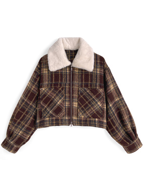 ファーティペット付きチェック柄ダブルジップジャケット
