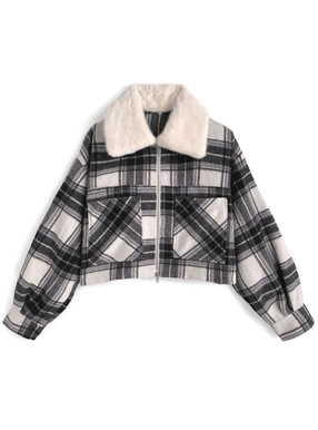 ファーティペット付きチェック柄ダブルジップジャケット
