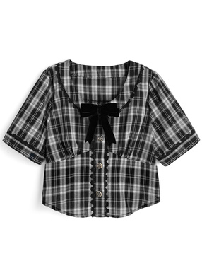リボン付きチェック柄レースブラウス
