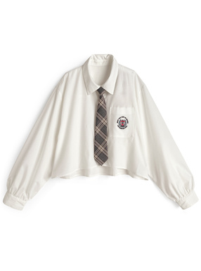 ネクタイ付きロゴ刺繍ショート丈シャツ